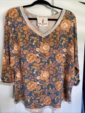 Boho Jane Floral V-Neck Women's Top in Slate Blue and Peach